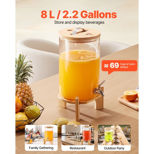 VEVOR 2.2 Gallon Beverage Dispenser, Drink Dispensers for Parties, Glass Juice Dispenser with Wood Stand, Stainless Steel Spigot, Iced Tea Lemonade