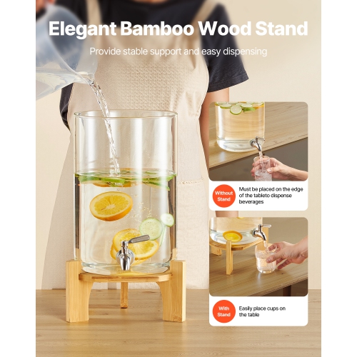VEVOR 2.2 Gallon Beverage Dispenser, Drink Dispensers for Parties, Glass Juice Dispenser with Wood Stand, Stainless Steel Spigot, Iced Tea Lemonade