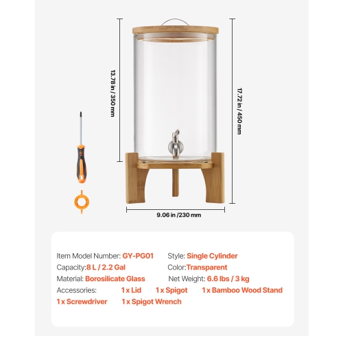 VEVOR 2.2 Gallon Beverage Dispenser, Drink Dispensers for Parties, Glass Juice Dispenser with Wood Stand, Stainless Steel Spigot, Iced Tea Lemonade