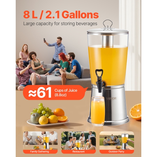 VEVOR 2.1 Gallon Beverage Dispenser, Drink Dispenser for Parties, Stainless Steel + Plastic Juice Dispensers with Spigot Ice Chamber, Iced Tea