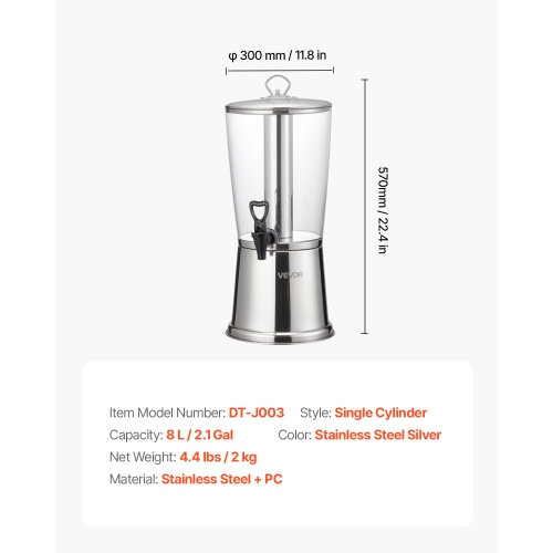 VEVOR 2.1 Gallon Beverage Dispenser, Drink Dispenser for Parties, Stainless Steel + Plastic Juice Dispensers with Spigot Ice Chamber, Iced Tea