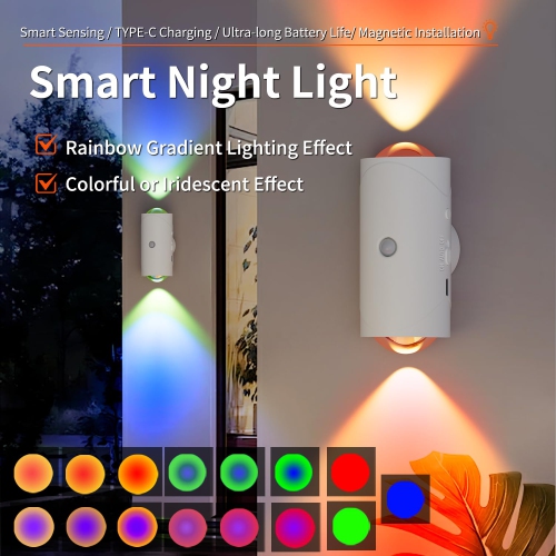 Ensemble de 2 veilleuses avec capteur de mouvement de LED, éclairage d'escalier rechargeable à batterie de 7 couleurs, lampe murale magnétique sans