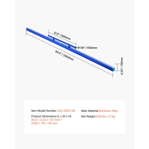 VEVOR 96 Inch Concrete Screed, Screed with Level Vial, Easy Cleanup & End Cap Design, Aluminum Lightweight & Reversable Handle for Leveling Floors,