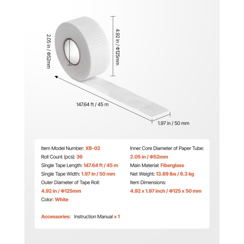VEVOR 1.97 inch W x 147.64 ft L Drywall Mesh Tape, Self-Adhesive Fiberglass Drywall Joint Tape, 36 Rolls Dry Wall Patch for Easy Sheetrock Ceiling