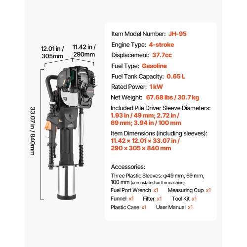 VEVOR 37.7cc Gas Powered T Post Driver, 4-Stroke Engine Efficient Post Pounder with 3 Piling Sleeves, Vibration-Reducing Handle, Heavy Duty Fence