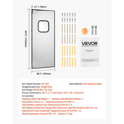 VEVOR 36"W x 84" HTraffic Swing Door, Single Panel, Stainless Steel Commercial Swinging Doors with Hardware & Accessories, Ideal for Residential Use,