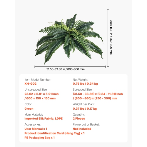 VEVOR 2 Pcs Artificial Ferns , Natural Spread Diameter 31-34 Inch, Large Hanging Artificial Boston Ferns, Fake Plant Wall Decor with 30 Branches,