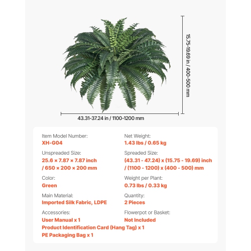 VEVOR 2 Pcs Artificial Ferns , Natural Spread Diameter 43-47 Inch, Large Hanging Artificial Boston Ferns, Fake Plant Wall Decor with 50 Branches,