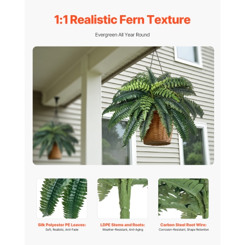 VEVOR 2 Pcs Artificial Ferns , Natural Spread Diameter 35-39 Inch, Large Hanging Artificial Boston Ferns, Fake Plant Wall Decor with 35 Branches,