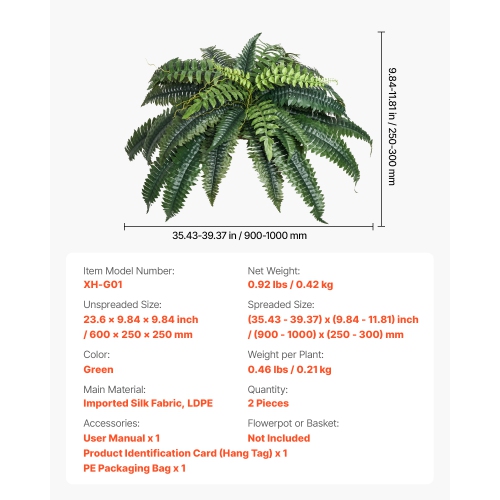 VEVOR 2 Pcs Artificial Ferns , Natural Spread Diameter 35-39 Inch, Large Hanging Artificial Boston Ferns, Fake Plant Wall Decor with 35 Branches,
