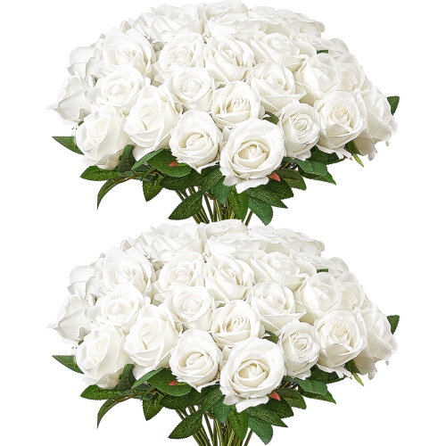 VEVOR 60 pcs Artificial Flowers, Real Looking White Foam Fake Roses Bulk, White Faux Bridal Shower with Stems for DIY Wedding Bouquets, Home