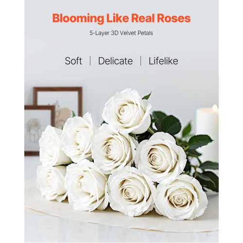 VEVOR 60 pcs Artificial Flowers, Real Looking White Foam Fake Roses Bulk, White Faux Bridal Shower with Stems for DIY Wedding Bouquets, Home