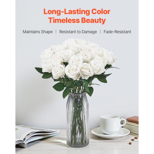 VEVOR 60 pcs Artificial Flowers, Real Looking White Foam Fake Roses Bulk, White Faux Bridal Shower with Stems for DIY Wedding Bouquets, Home