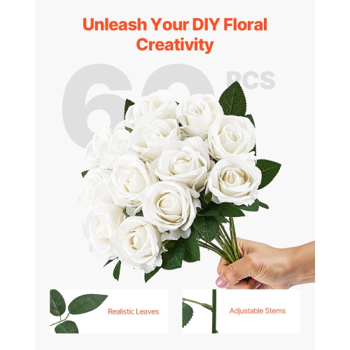 VEVOR 60 pcs Artificial Flowers, Real Looking White Foam Fake Roses Bulk, White Faux Bridal Shower with Stems for DIY Wedding Bouquets, Home