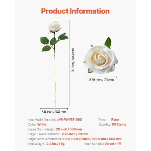 VEVOR 60 pcs Artificial Flowers, Real Looking White Foam Fake Roses Bulk, White Faux Bridal Shower with Stems for DIY Wedding Bouquets, Home