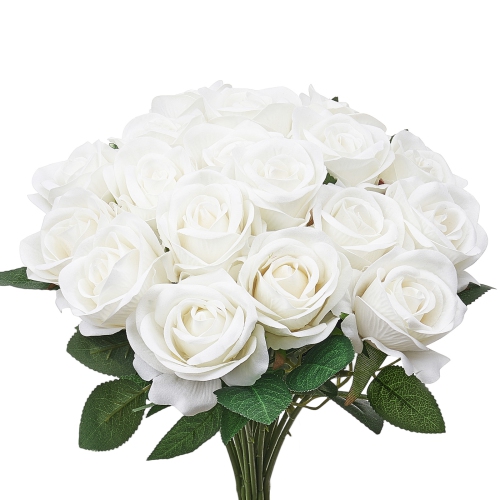 VEVOR 60 pcs Artificial Flowers, Real Looking White Foam Fake Roses Bulk, White Faux Bridal Shower with Stems for DIY Wedding Bouquets, Home