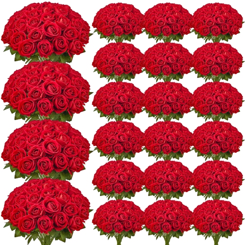 VEVOR 500 pcs Artificial Flowers, Real Looking Red Foam Fake Roses Bulk, Faux Red Bridal Shower with Stems for DIY Wedding Bouquets, Home