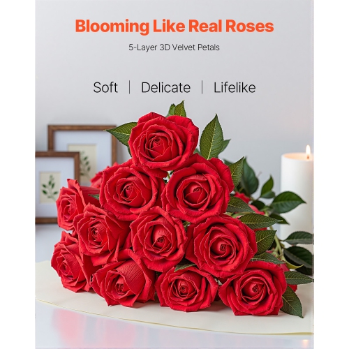 VEVOR 500 pcs Artificial Flowers, Real Looking Red Foam Fake Roses Bulk, Faux Red Bridal Shower with Stems for DIY Wedding Bouquets, Home