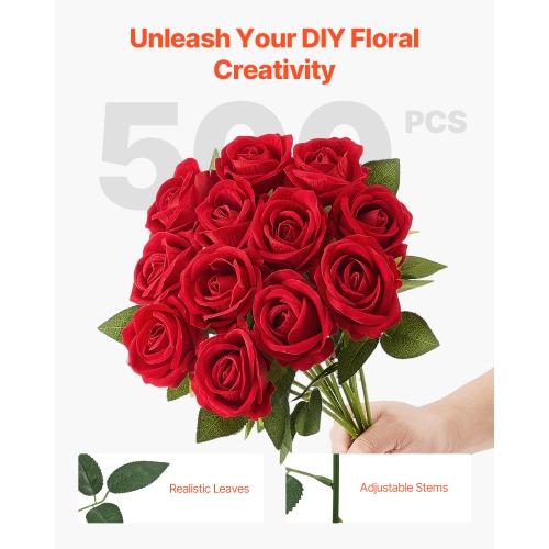 VEVOR 500 pcs Artificial Flowers, Real Looking Red Foam Fake Roses Bulk, Faux Red Bridal Shower with Stems for DIY Wedding Bouquets, Home