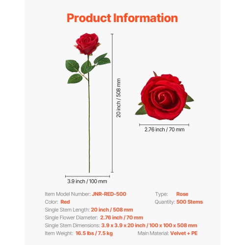 VEVOR 500 pcs Artificial Flowers, Real Looking Red Foam Fake Roses Bulk, Faux Red Bridal Shower with Stems for DIY Wedding Bouquets, Home