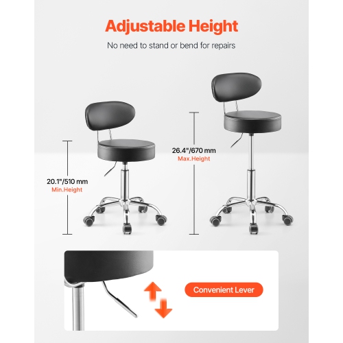 VEVOR 300lbs Load Shop Stool with Backrest, Pneumatic Garage Seat with Wheels, Adjustable Roller Creeper Seat, 360° Padded Workshop Stool, for