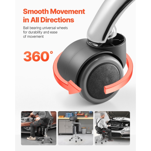 VEVOR 300lbs Load Shop Stool with Backrest, Pneumatic Garage Seat with Wheels, Adjustable Roller Creeper Seat, 360° Padded Workshop Stool, for