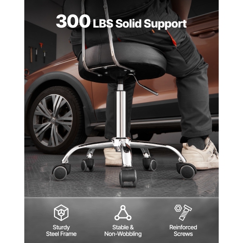 VEVOR 300lbs Load Shop Stool with Backrest, Pneumatic Garage Seat with Wheels, Adjustable Roller Creeper Seat, 360° Padded Workshop Stool, for