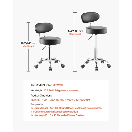 VEVOR 300lbs Load Shop Stool with Backrest, Pneumatic Garage Seat with Wheels, Adjustable Roller Creeper Seat, 360° Padded Workshop Stool, for