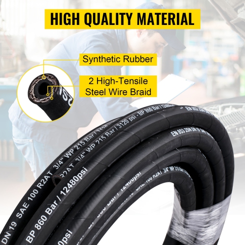 VEVOR 3/4 inch x 50 ft Hydraulic Hose, Coiled Hydraulic Hose 3120 PSI, Rubber Hose with 2 High-Tensile Steel Wire Braid, Bulk Hydraulic Hose