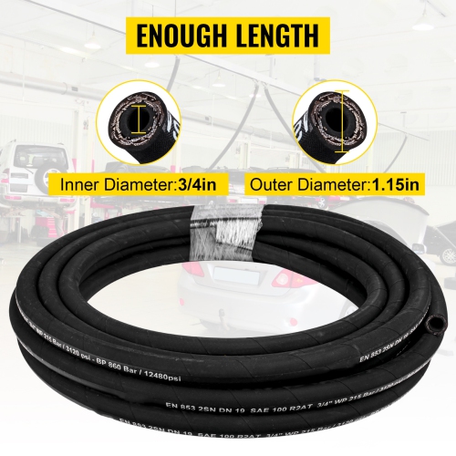 VEVOR 3/4 inch x 50 ft Hydraulic Hose, Coiled Hydraulic Hose 3120 PSI, Rubber Hose with 2 High-Tensile Steel Wire Braid, Bulk Hydraulic Hose