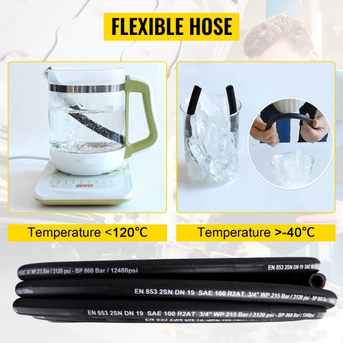 VEVOR 3/4 inch x 50 ft Hydraulic Hose, Coiled Hydraulic Hose 3120 PSI, Rubber Hose with 2 High-Tensile Steel Wire Braid, Bulk Hydraulic Hose