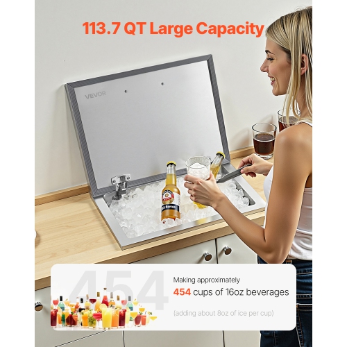 VEVOR 28"L x 20"W x 17"H Drop in Ice Chest,Stainless Steel Drop in Cooler, 113.7 Quart Commercial Ice Bin with Flip Lid for Outdoor Kitchen Patio