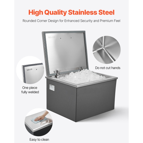 VEVOR 28"L x 20"W x 17"H Drop in Ice Chest,Stainless Steel Drop in Cooler, 113.7 Quart Commercial Ice Bin with Flip Lid for Outdoor Kitchen Patio