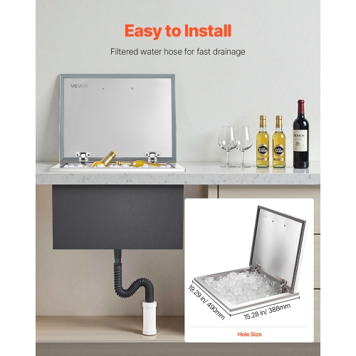 VEVOR 28"L x 20"W x 17"H Drop in Ice Chest,Stainless Steel Drop in Cooler, 113.7 Quart Commercial Ice Bin with Flip Lid for Outdoor Kitchen Patio