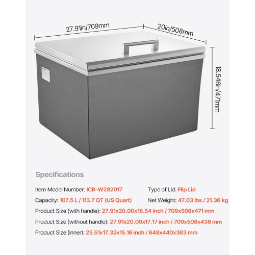 VEVOR 28"L x 20"W x 17"H Drop in Ice Chest,Stainless Steel Drop in Cooler, 113.7 Quart Commercial Ice Bin with Flip Lid for Outdoor Kitchen Patio