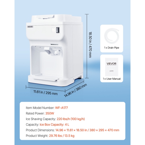 VEVOR 350W Commercial Ice Shaver Crusher, 220lbs Per Hour Electric Snow Cone Maker with 4L Ice Cube Box,1500RPM Tabletop Shaved Ice Machine for