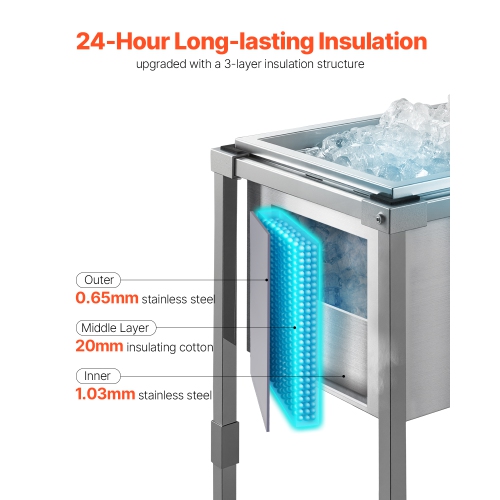VEVOR 22"L x 16"W x 38"H Rolling Ice Chest Cooler Cart, Stainless Steel Cooling Bin on Wheels, 32.8 Quart Outdoor Stand Up Cooler Trolley with Shelf,