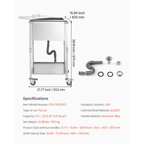 VEVOR 22"L x 16"W x 38"H Rolling Ice Chest Cooler Cart, Stainless Steel Cooling Bin on Wheels, 32.8 Quart Outdoor Stand Up Cooler Trolley with Shelf,