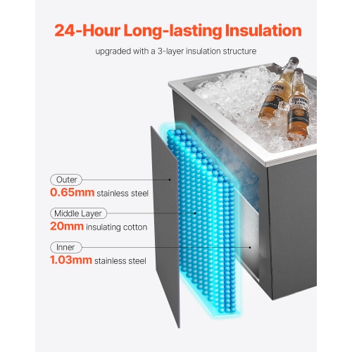 VEVOR 28"L x 16"W x 17"H Drop in Ice Chest, Stainless Steel Drop in Cooler, 87.6 Quart Commercial Ice Bin with Flip Lid for Outdoor Kitchen Patio