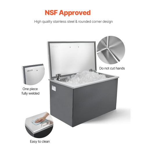 VEVOR 28"L x 16"W x 17"H Drop in Ice Chest, Stainless Steel Drop in Cooler, 87.6 Quart Commercial Ice Bin with Flip Lid for Outdoor Kitchen Patio