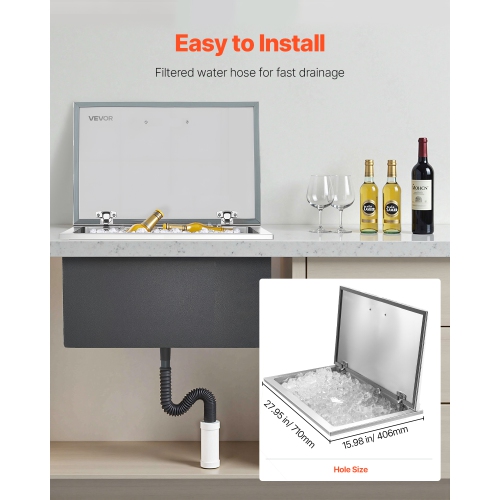 VEVOR 28"L x 16"W x 17"H Drop in Ice Chest, Stainless Steel Drop in Cooler, 87.6 Quart Commercial Ice Bin with Flip Lid for Outdoor Kitchen Patio