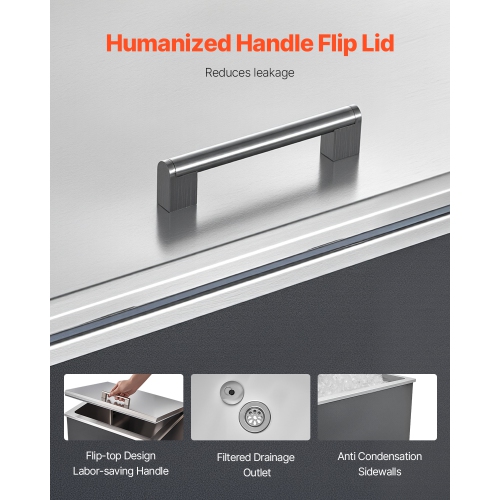 VEVOR 28"L x 16"W x 17"H Drop in Ice Chest, Stainless Steel Drop in Cooler, 87.6 Quart Commercial Ice Bin with Flip Lid for Outdoor Kitchen Patio