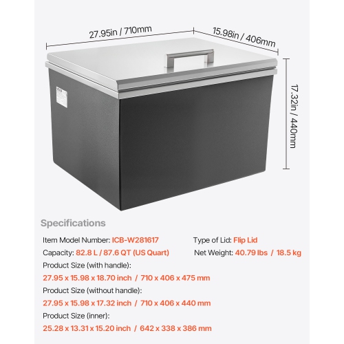 VEVOR 28"L x 16"W x 17"H Drop in Ice Chest, Stainless Steel Drop in Cooler, 87.6 Quart Commercial Ice Bin with Flip Lid for Outdoor Kitchen Patio