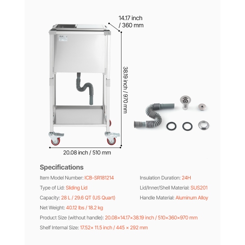 VEVOR 20"L x 14"W x 38"H Rolling Ice Chest Cooler Cart, Stainless Steel Cooling Bin on Wheels, 29.6 Quart Outdoor Stand Up Cooler Trolley with Shelf,