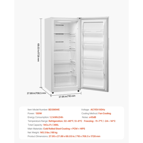 VEVOR 14 Cu.Ft Convertible Freezer/Refrigerator, Frost Free Upright Freezer with Temp Control Panel, Door Open too Long Alarm, Adjustable Shelves and