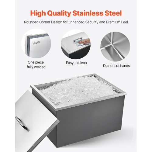 VEVOR 22"L x 17"W x 12"H Drop in Ice Chest, Stainless Steel Drop in Cooler, 45.3 Quart Commercial Ice Bin with Pot Lid for Outdoor Kitchen Patio Bar,