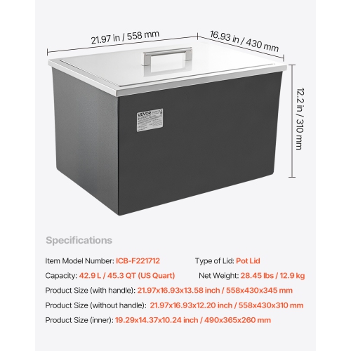 VEVOR 22"L x 17"W x 12"H Drop in Ice Chest, Stainless Steel Drop in Cooler, 45.3 Quart Commercial Ice Bin with Pot Lid for Outdoor Kitchen Patio Bar,