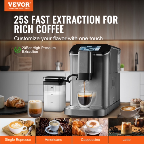 VEVOR 20-Bar Fully Automatic Espresso Machine - with Automatic Frother, Super-Automatic Machine with TFT Touch Screen, Grinder, 15 Grinding Levels,
