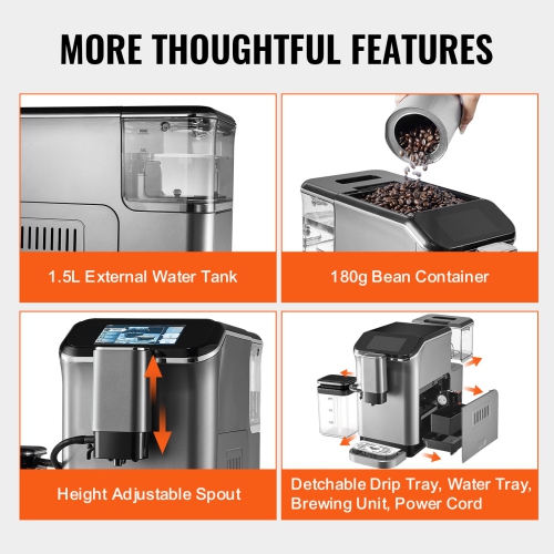 VEVOR 20-Bar Fully Automatic Espresso Machine - with Automatic Frother, Super-Automatic Machine with TFT Touch Screen, Grinder, 15 Grinding Levels,