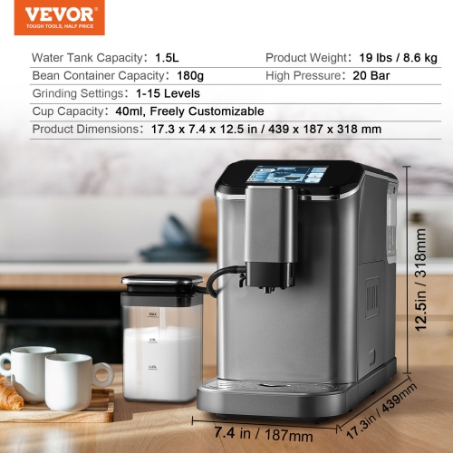 VEVOR 20-Bar Fully Automatic Espresso Machine - with Automatic Frother, Super-Automatic Machine with TFT Touch Screen, Grinder, 15 Grinding Levels,